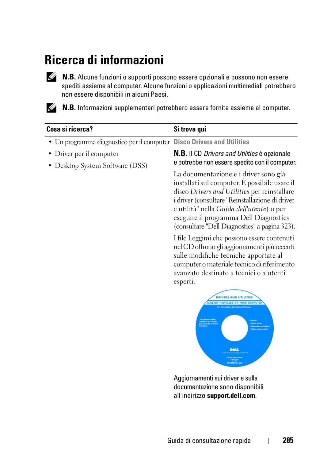 Dell T3400 manual Ricerca di informazioni, 285, Cosa si ricerca? Si trova qui, Disco Drivers and Utilities 