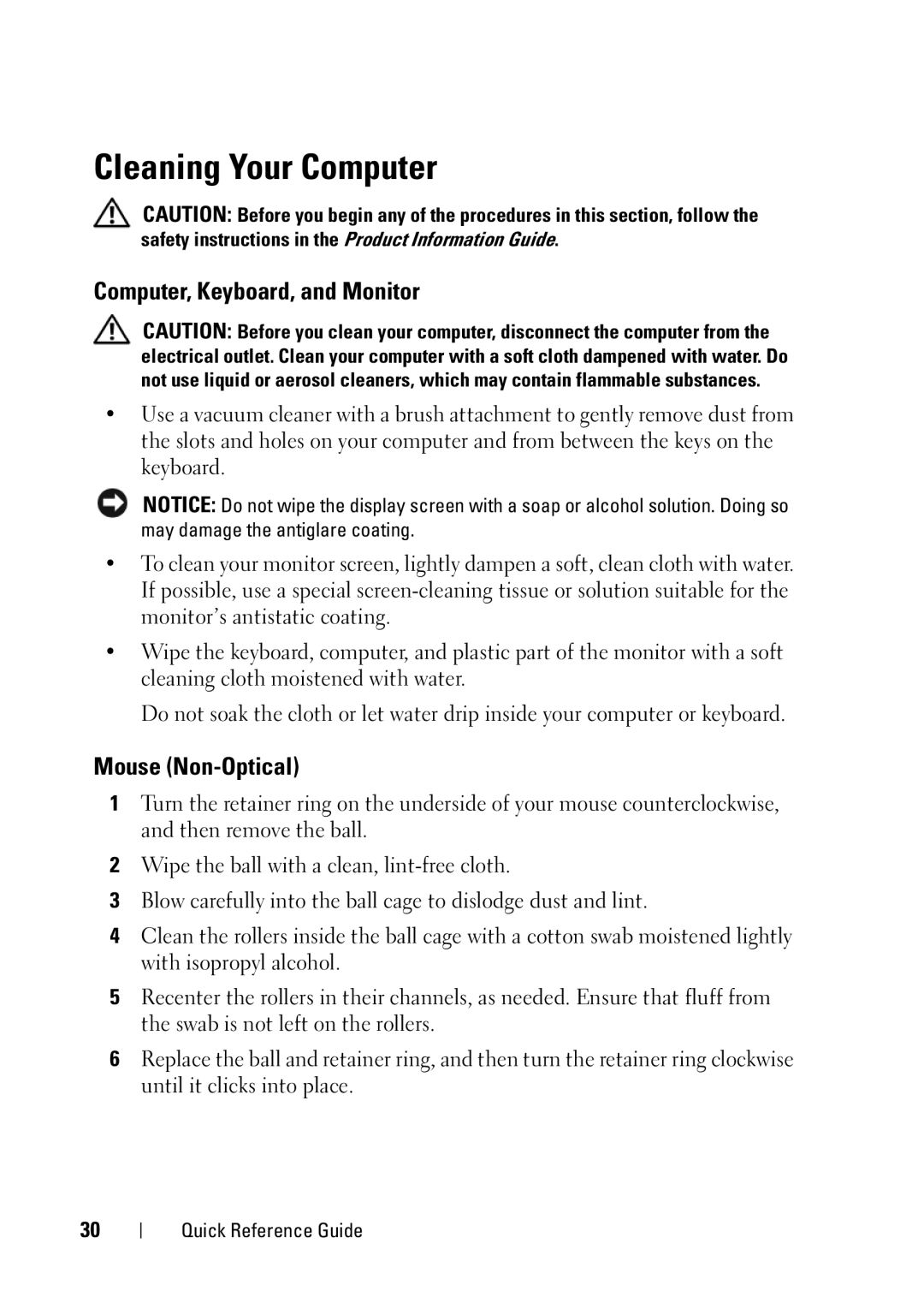 Dell T3400 manual Cleaning Your Computer, Computer, Keyboard, and Monitor, Mouse Non-Optical 