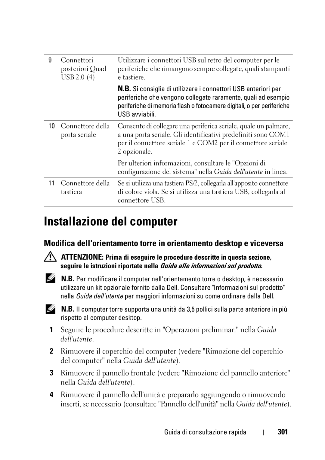 Dell T3400 manual Installazione del computer, 301, USB avviabili 