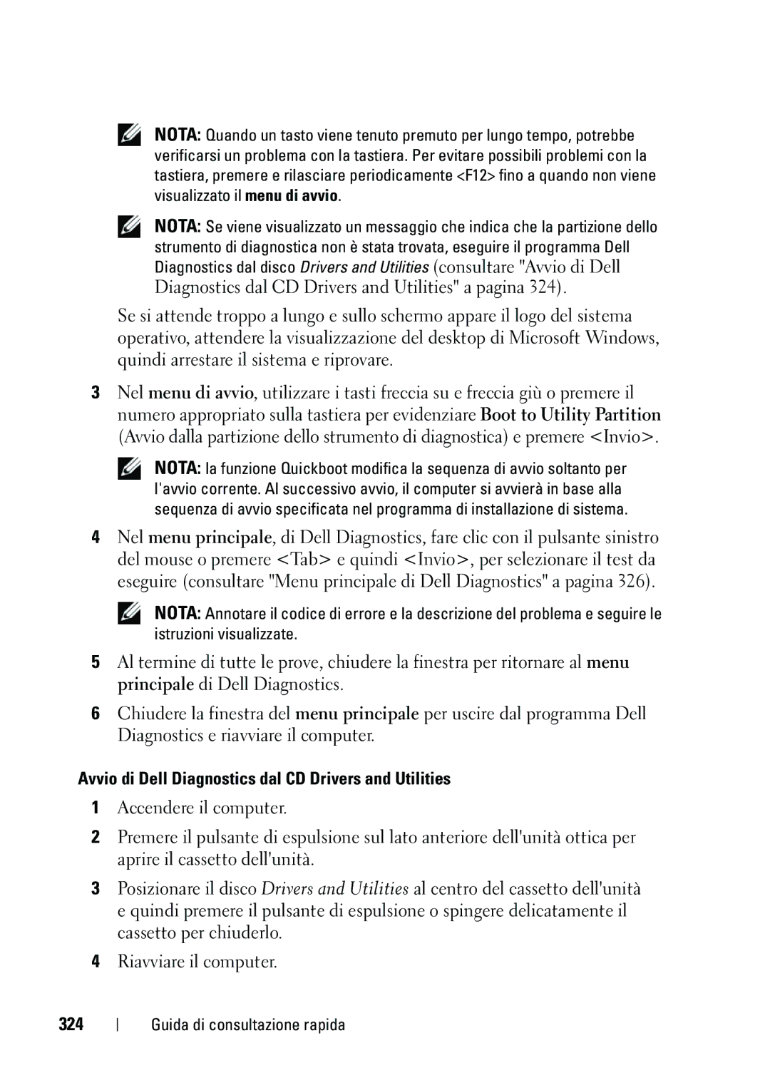 Dell T3400 manual Avvio di Dell Diagnostics dal CD Drivers and Utilities, 324 