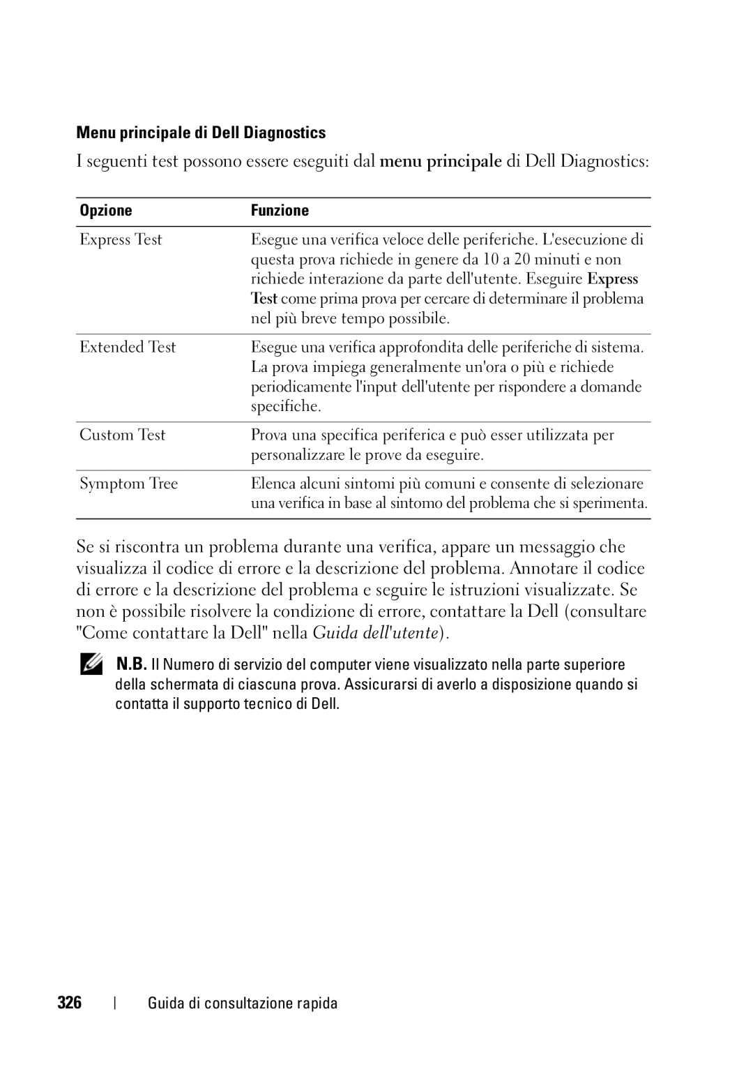 Dell T3400 manual Menu principale di Dell Diagnostics, 326, Opzione Funzione 