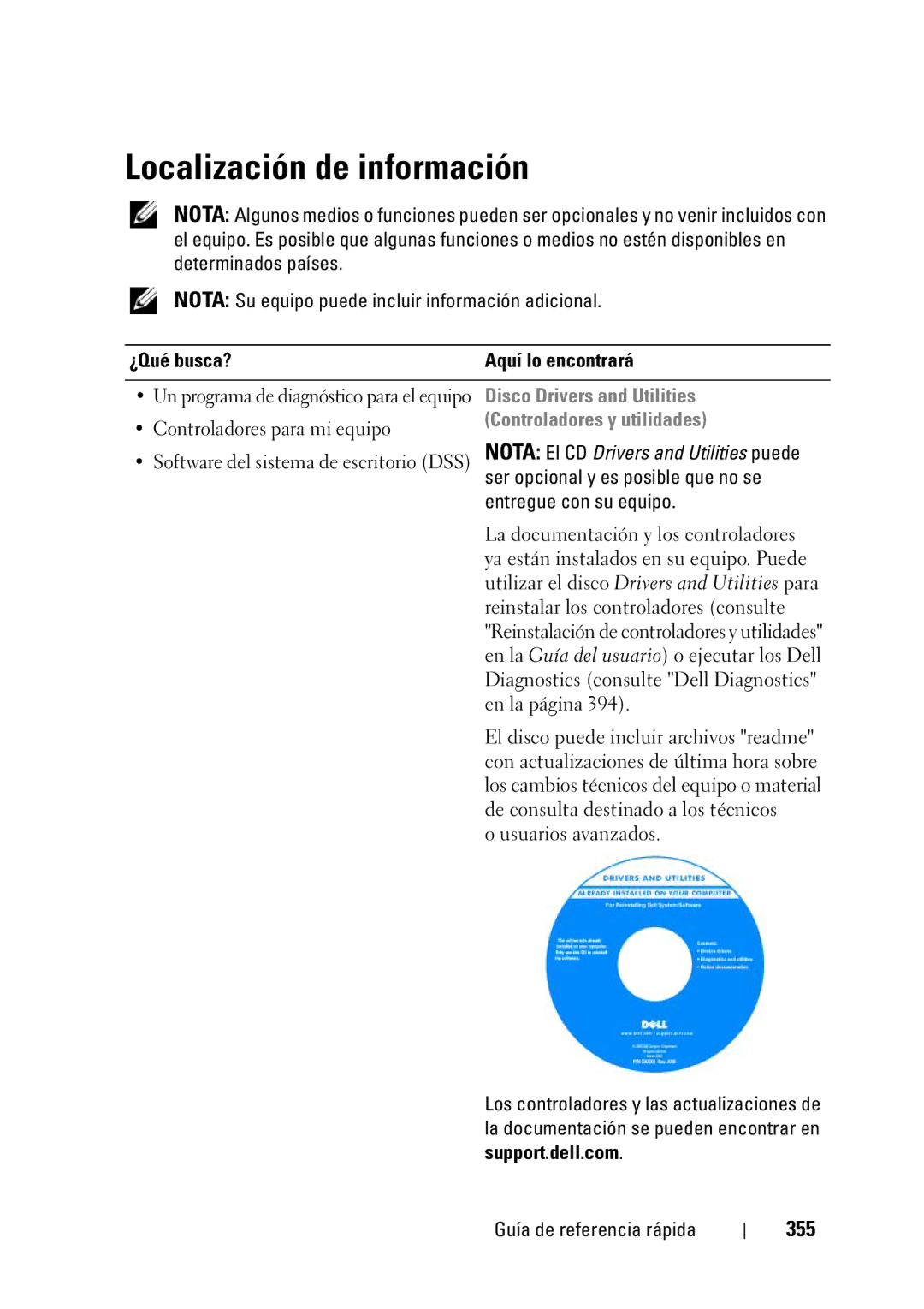 Dell T3400 manual Localización de información, 355, ¿Qué busca? Aquí lo encontrará, Controladores y utilidades 