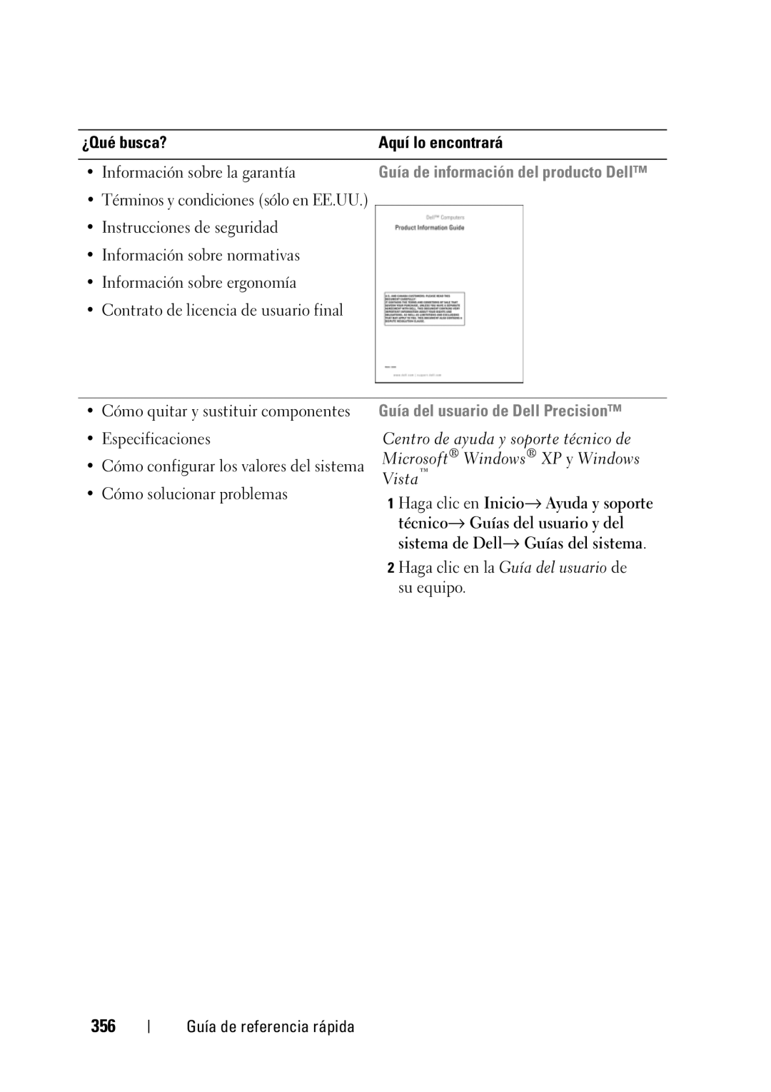 Dell T3400 manual 356, Información sobre la garantía, Guía del usuario de Dell Precision 