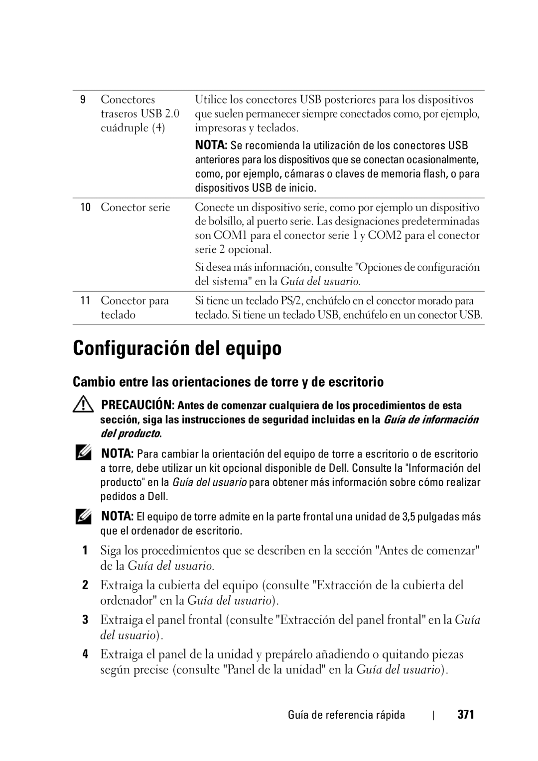 Dell T3400 manual Configuración del equipo, Cambio entre las orientaciones de torre y de escritorio, 371 