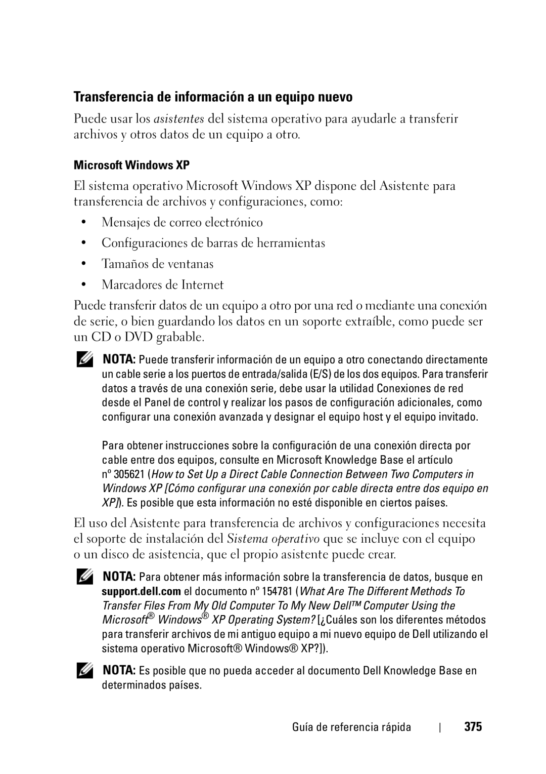 Dell T3400 manual Transferencia de información a un equipo nuevo, 375 