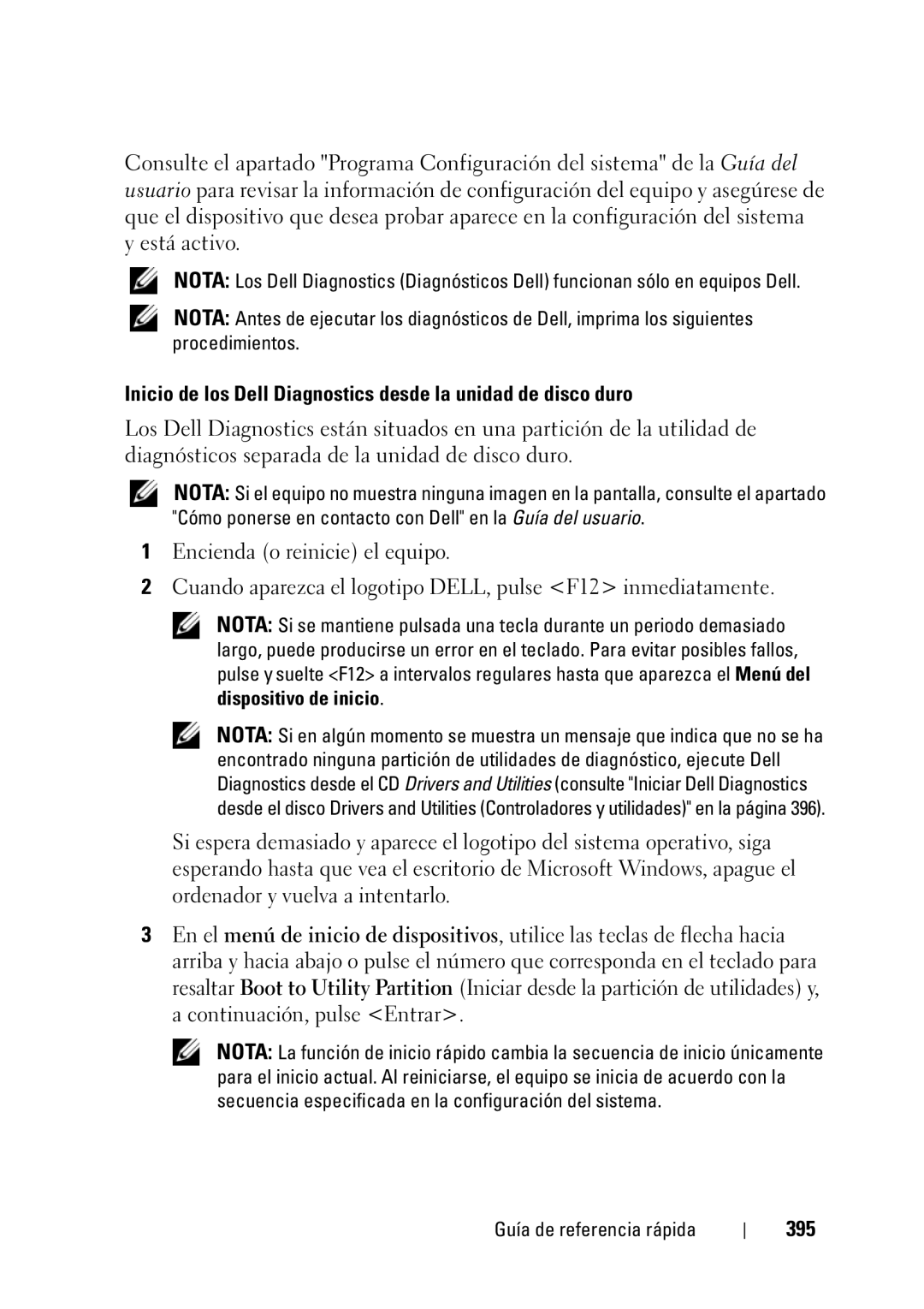 Dell T3400 manual Inicio de los Dell Diagnostics desde la unidad de disco duro, 395 