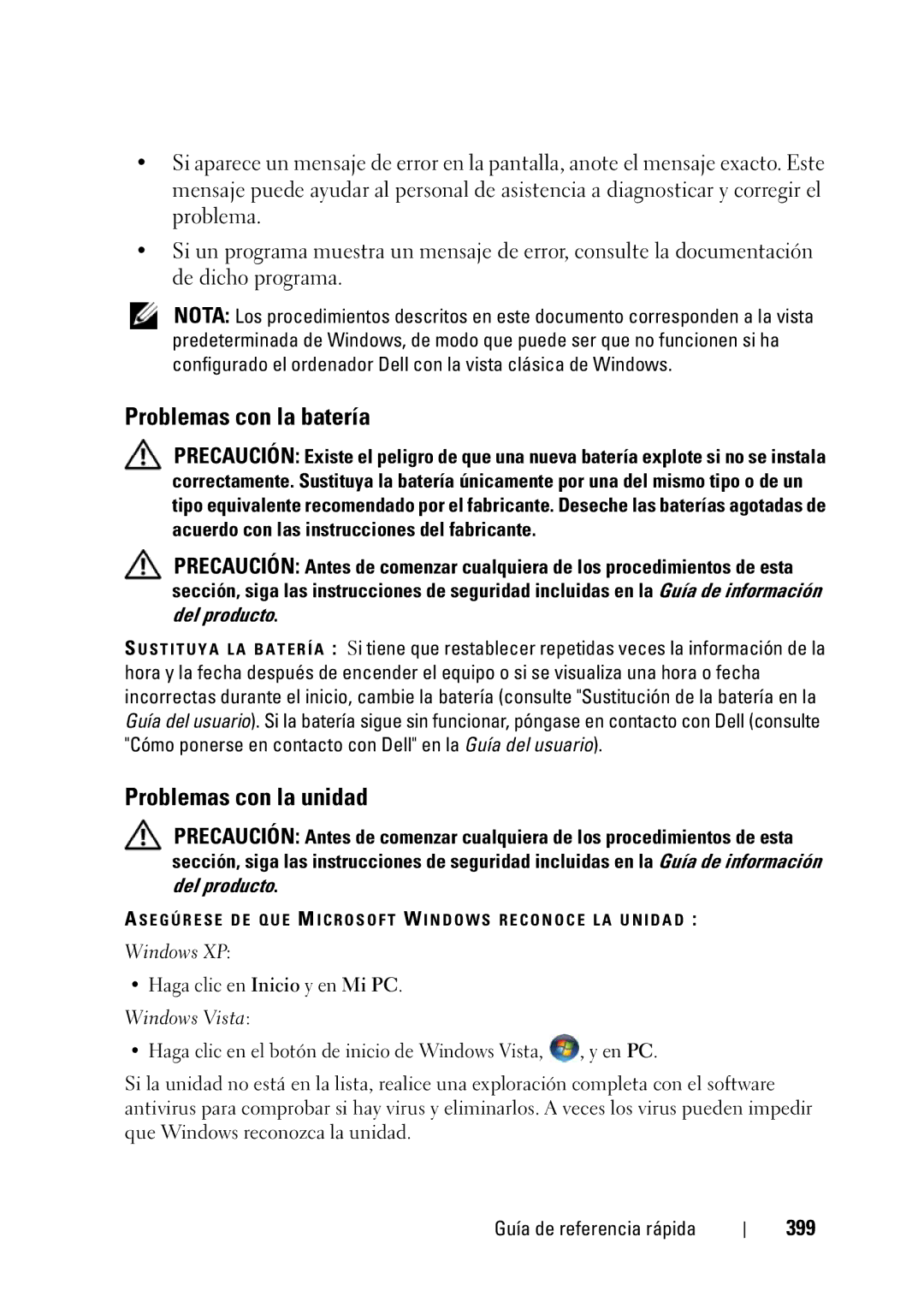 Dell T3400 manual Problemas con la batería, Problemas con la unidad, 399, Haga clic en Inicio y en Mi PC 