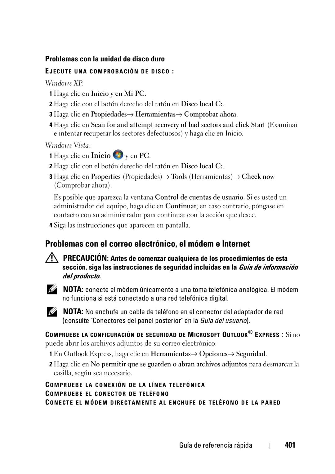 Dell T3400 manual Problemas con el correo electrónico, el módem e Internet, Problemas con la unidad de disco duro, 401 