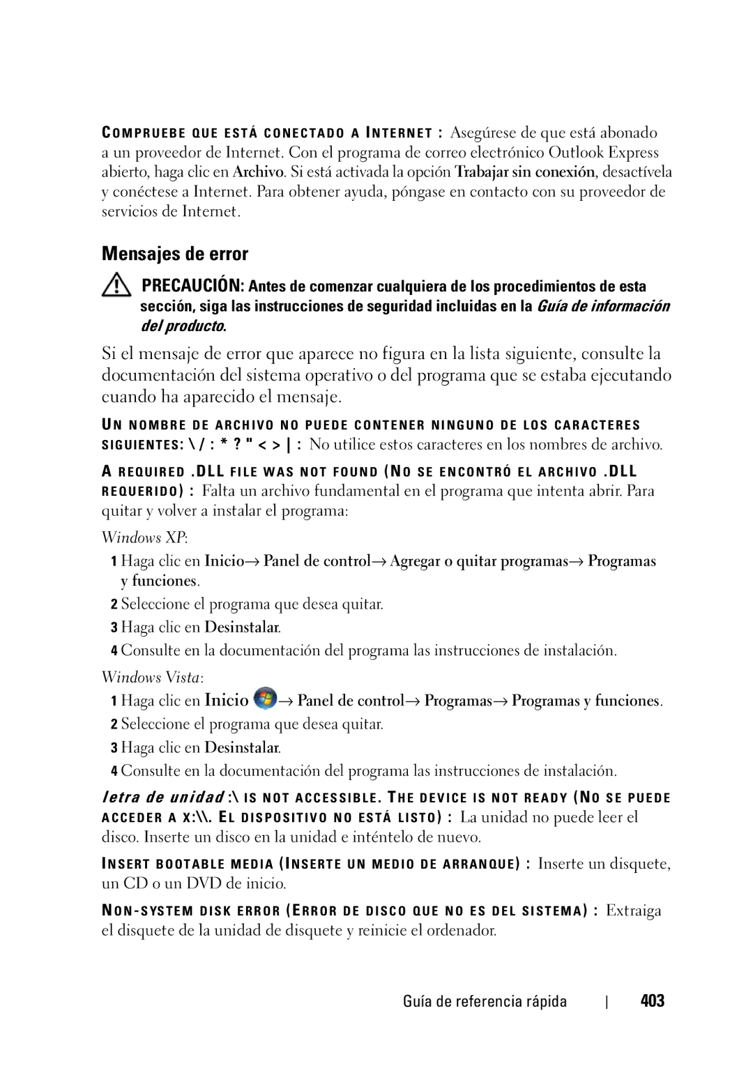 Dell T3400 Mensajes de error, 403, Disco. Inserte un disco en la unidad e inténtelo de nuevo, Un CD o un DVD de inicio 