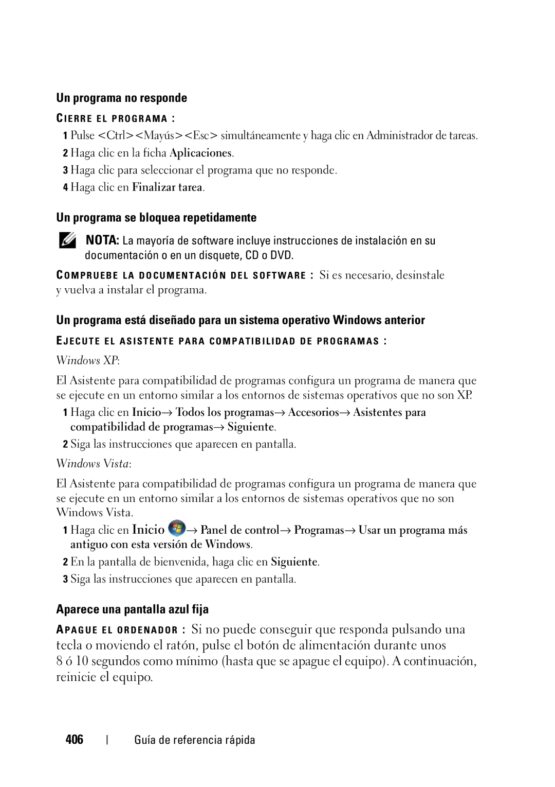 Dell T3400 manual Un programa no responde, Un programa se bloquea repetidamente, Aparece una pantalla azul fija, 406 