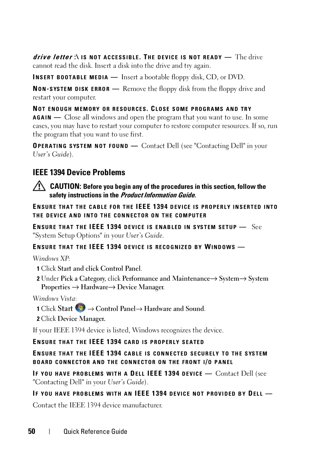 Dell T3400 Ieee 1394 Device Problems, System Setup Options in your User’s Guide, Contact the Ieee 1394 device manufacturer 