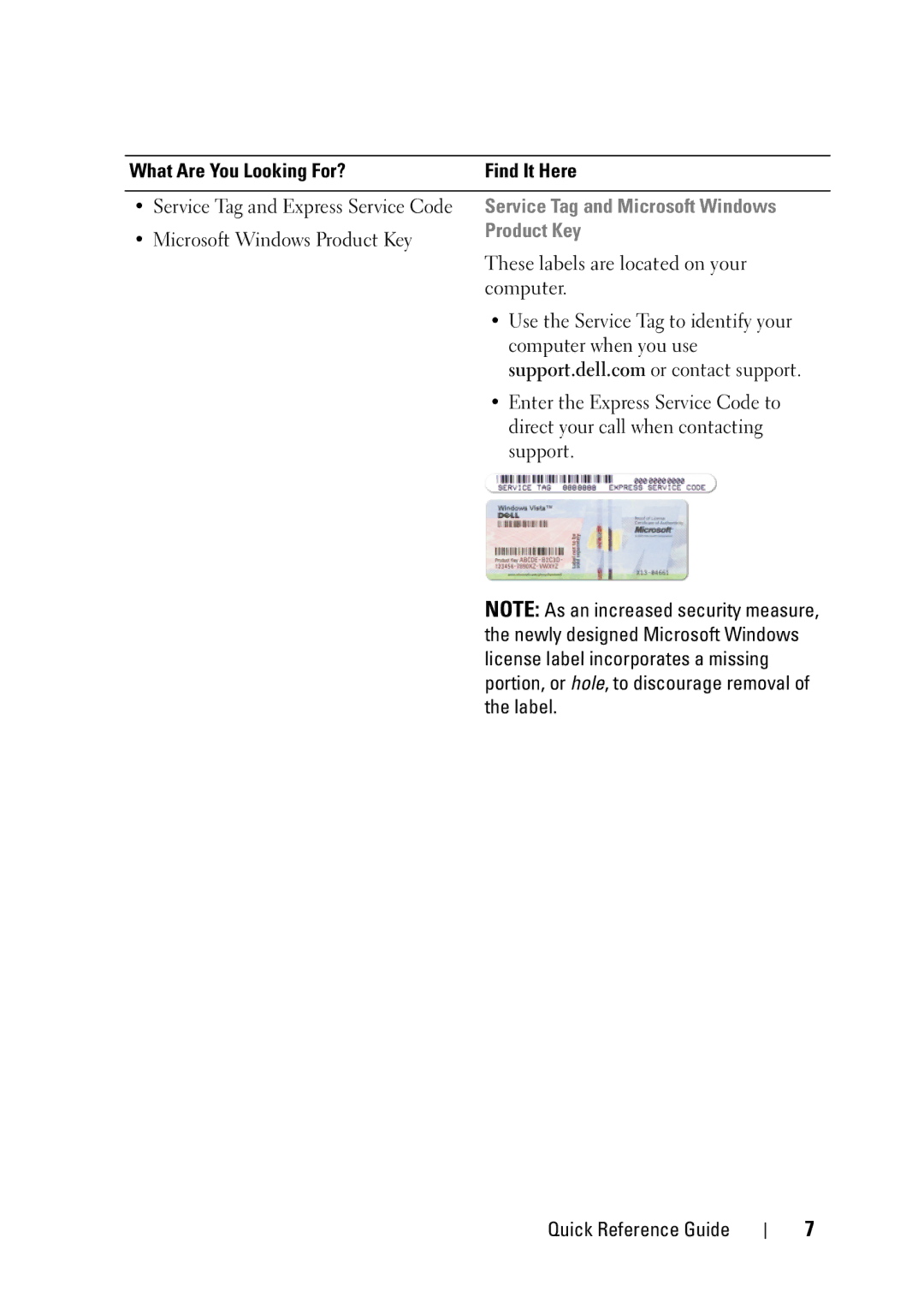 Dell T3400 manual Service Tag and Microsoft Windows, Product Key 