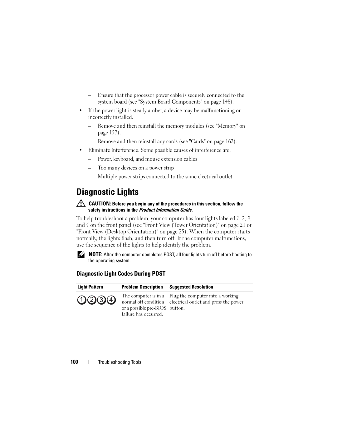 Dell T3400 manual Diagnostic Lights, Diagnostic Light Codes During Post, 100, Light Pattern 