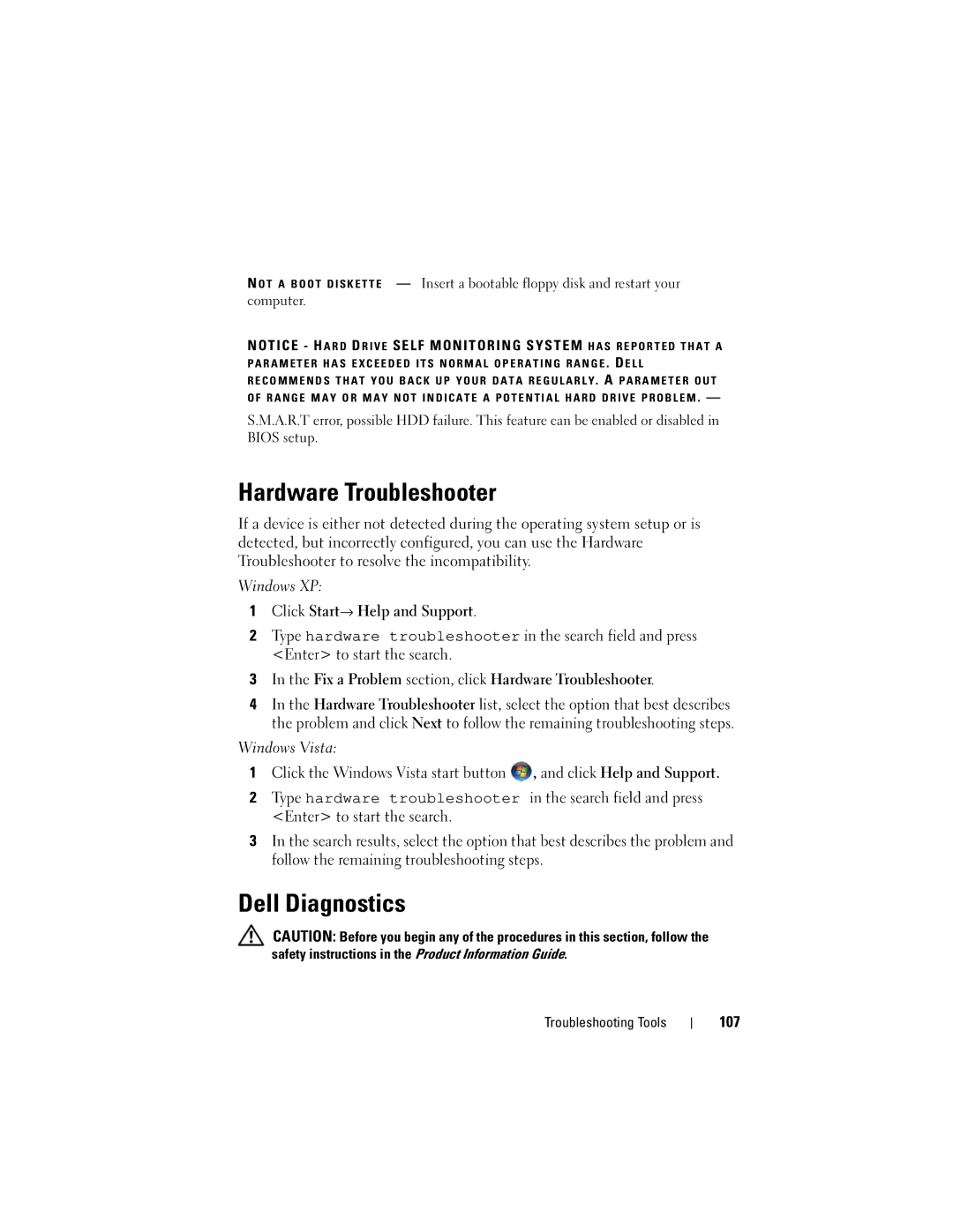 Dell T3400 manual Hardware Troubleshooter, Dell Diagnostics, 107 