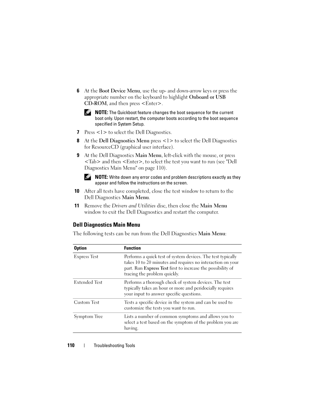 Dell T3400 manual Dell Diagnostics Main Menu, 110 