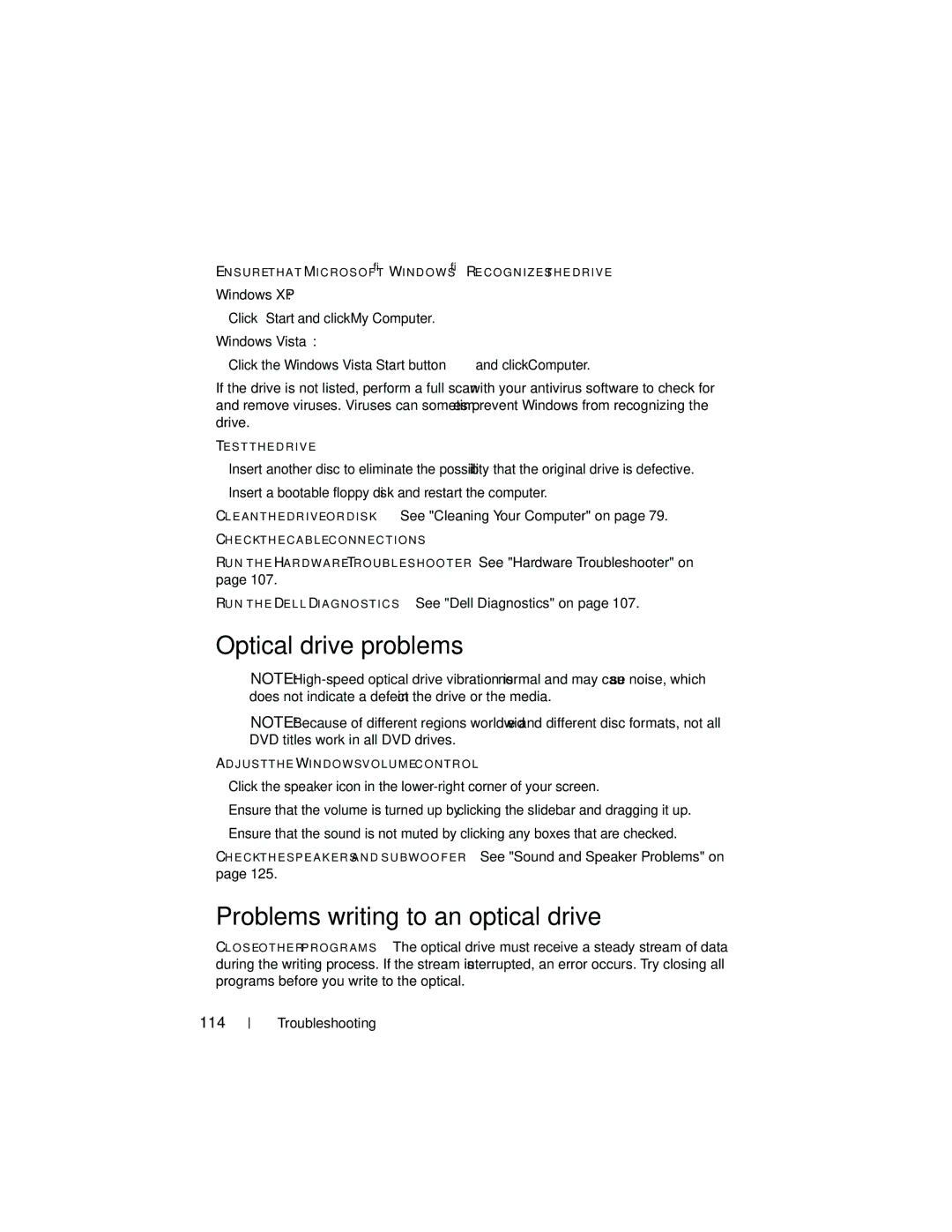 Dell T3400 manual Optical drive problems, Problems writing to an optical drive, 114 