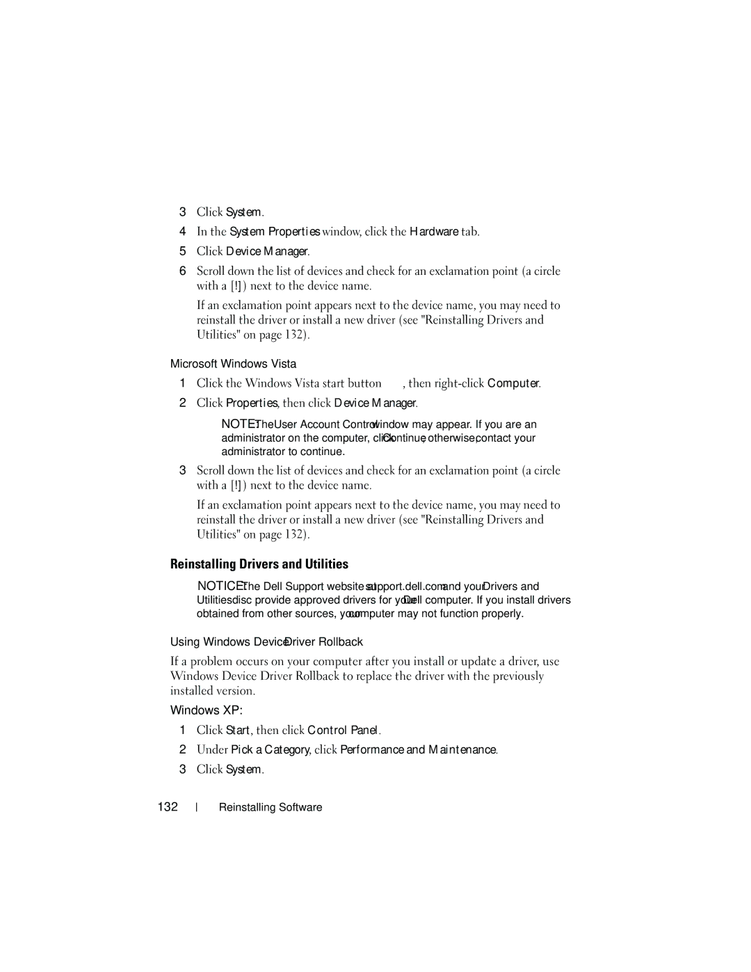 Dell T3400 manual Reinstalling Drivers and Utilities, Using Windows Device Driver Rollback 