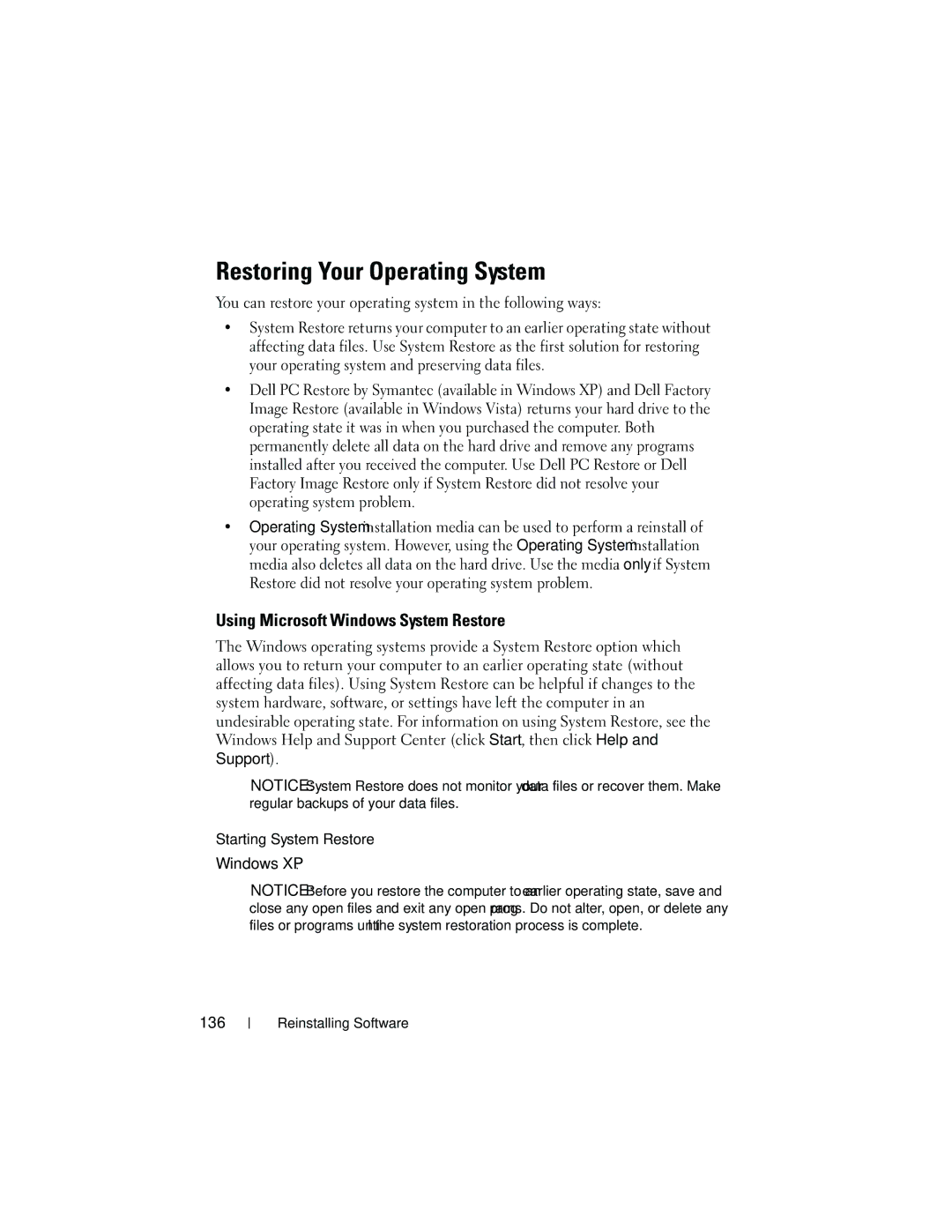 Dell T3400 Restoring Your Operating System, Using Microsoft Windows System Restore, Starting System Restore Windows XP 136 