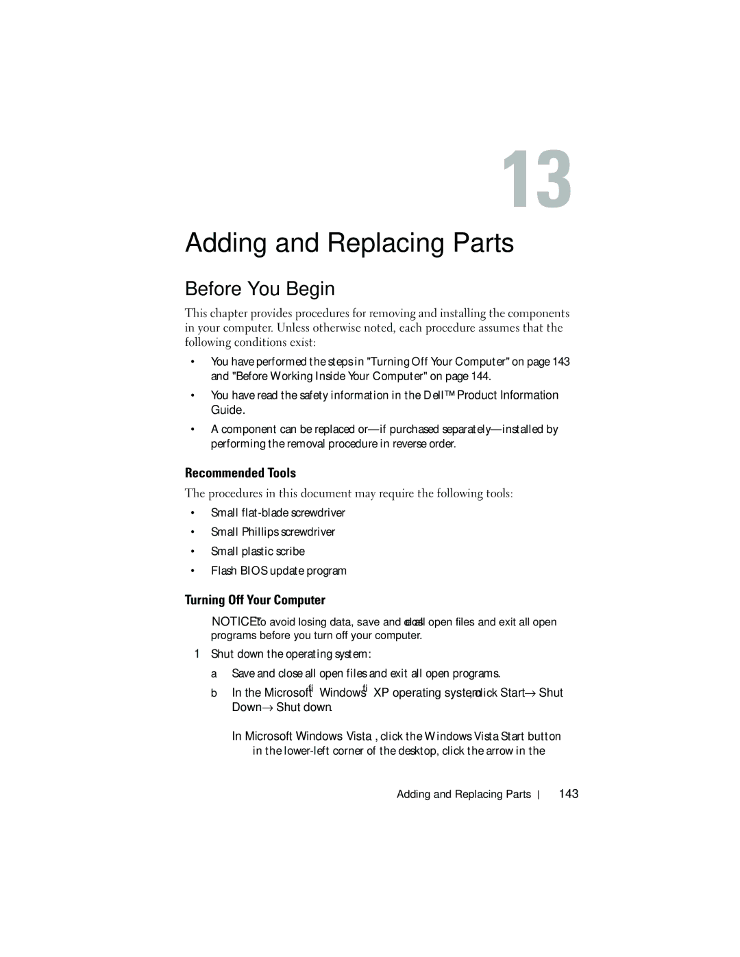 Dell T3400 manual Adding and Replacing Parts, Before You Begin, Recommended Tools, Turning Off Your Computer 