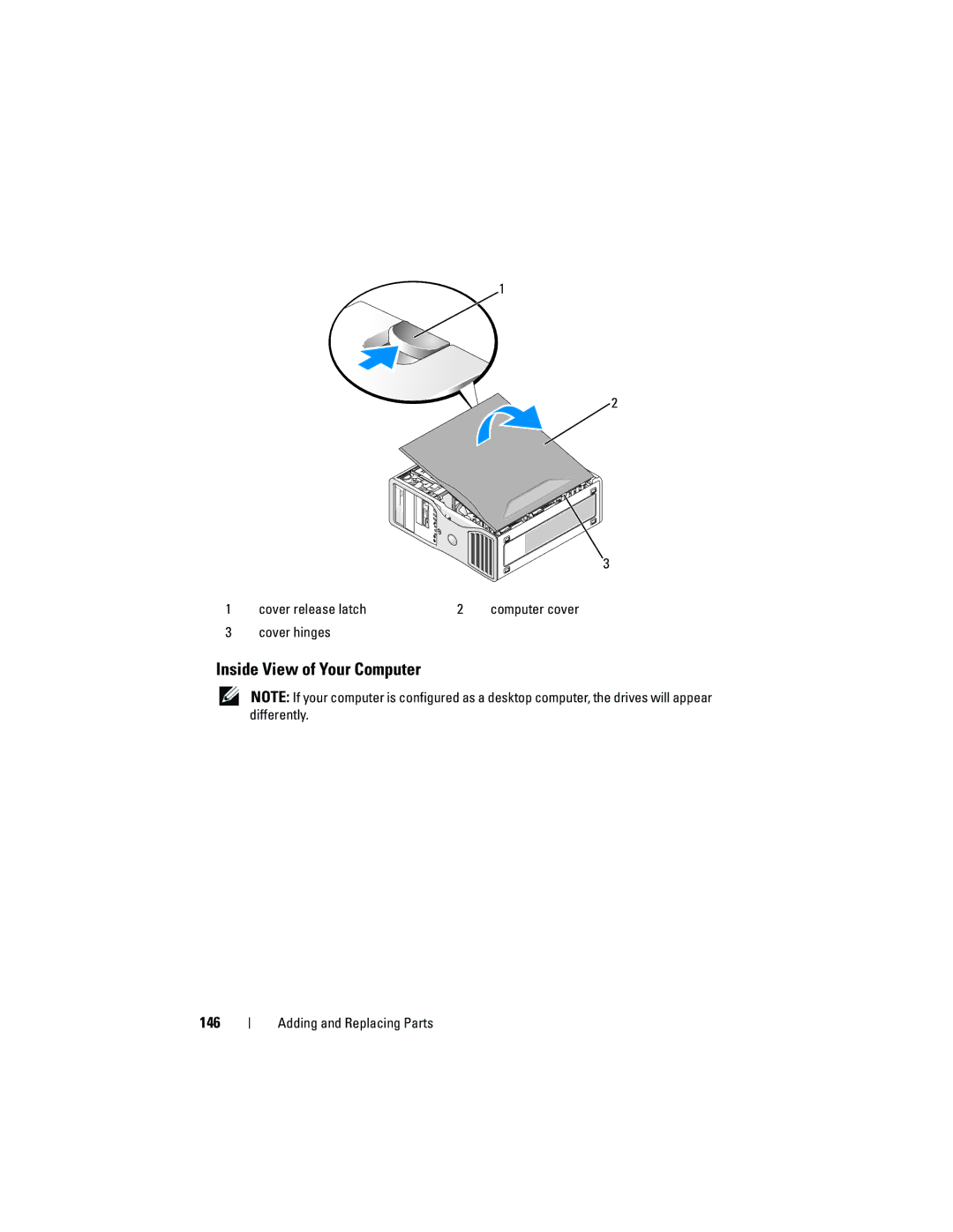 Dell T3400 manual Inside View of Your Computer, 146, Cover release latch, Cover hinges 