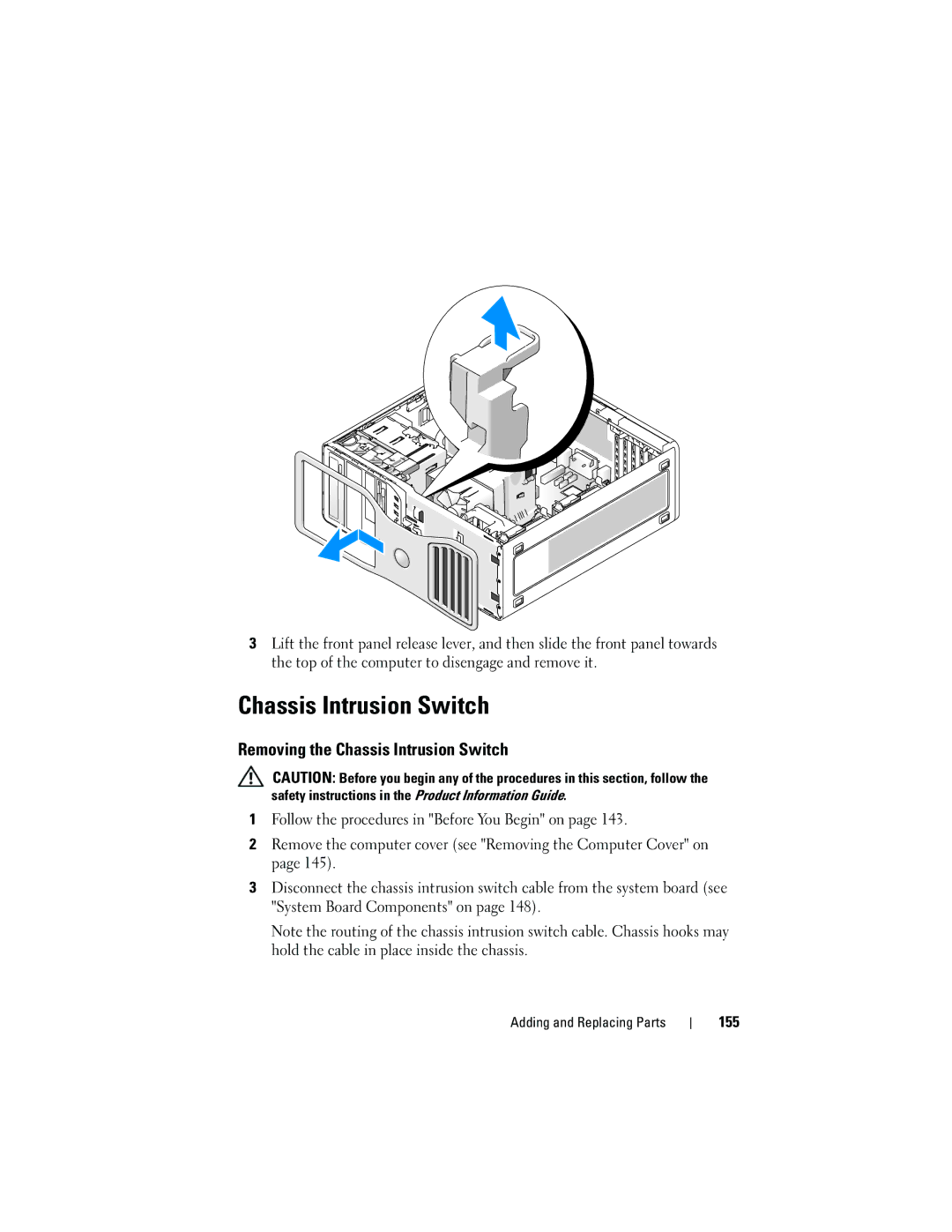 Dell T3400 manual Removing the Chassis Intrusion Switch, 155 