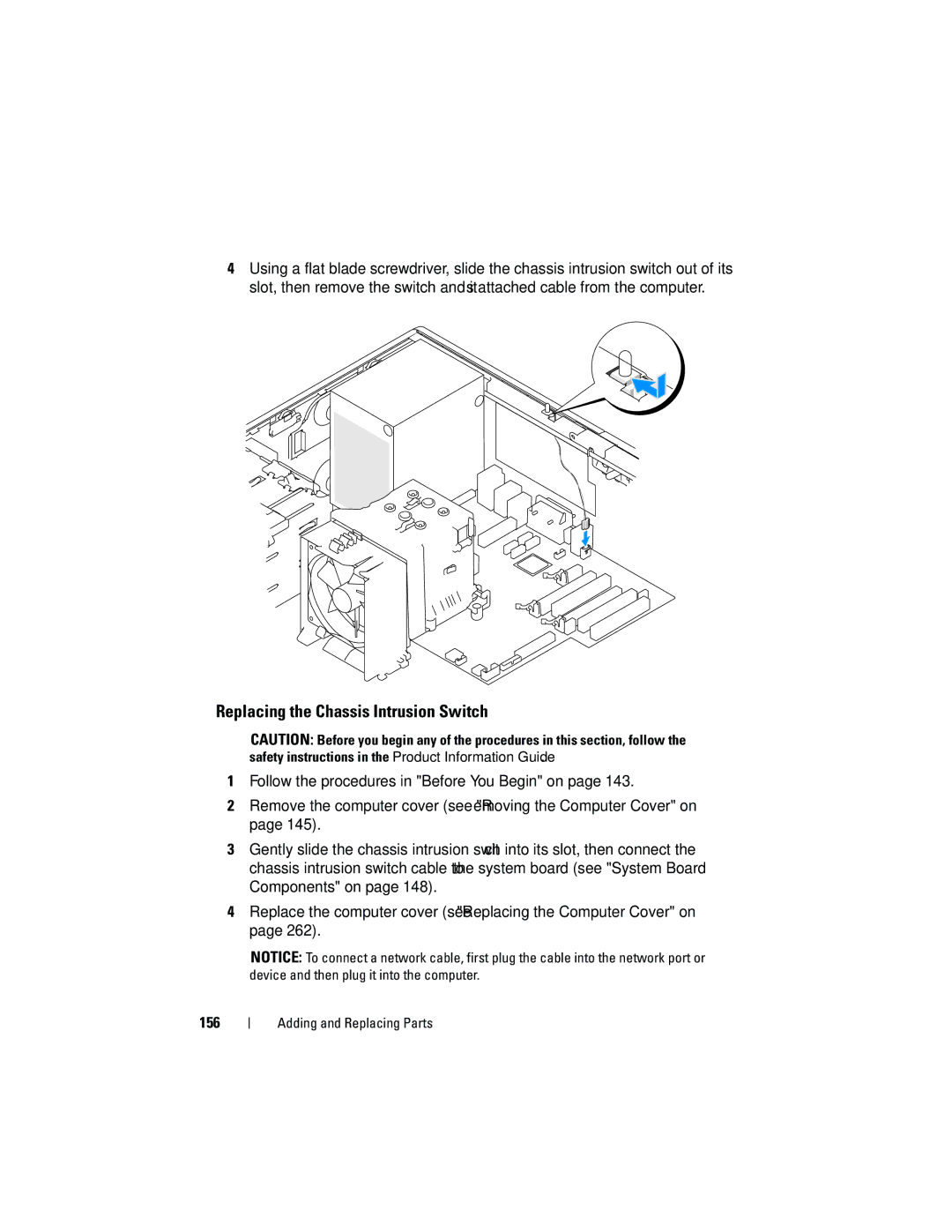 Dell T3400 manual Replacing the Chassis Intrusion Switch 