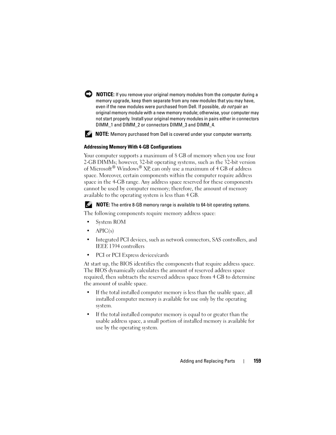 Dell T3400 manual Addressing Memory With 4-GB Configurations, 159 