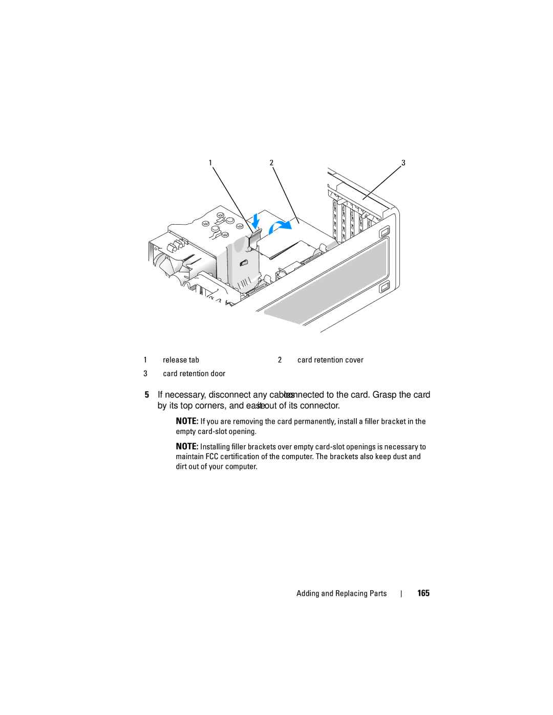 Dell T3400 manual 165, Release tab, Card retention door 