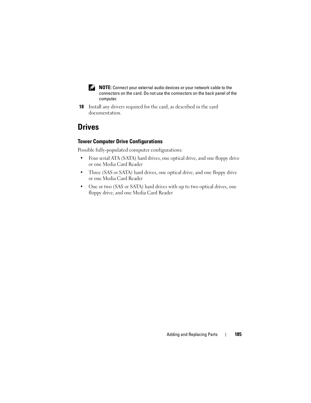 Dell T3400 manual Drives, Tower Computer Drive Configurations, 185 