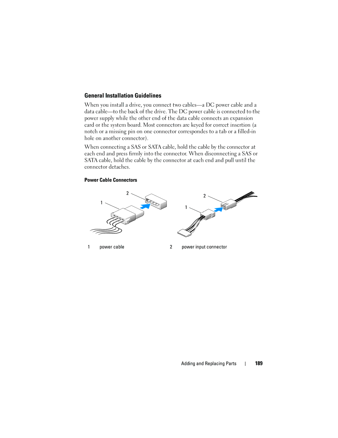 Dell T3400 manual General Installation Guidelines, Power Cable Connectors, 189, Power cable 