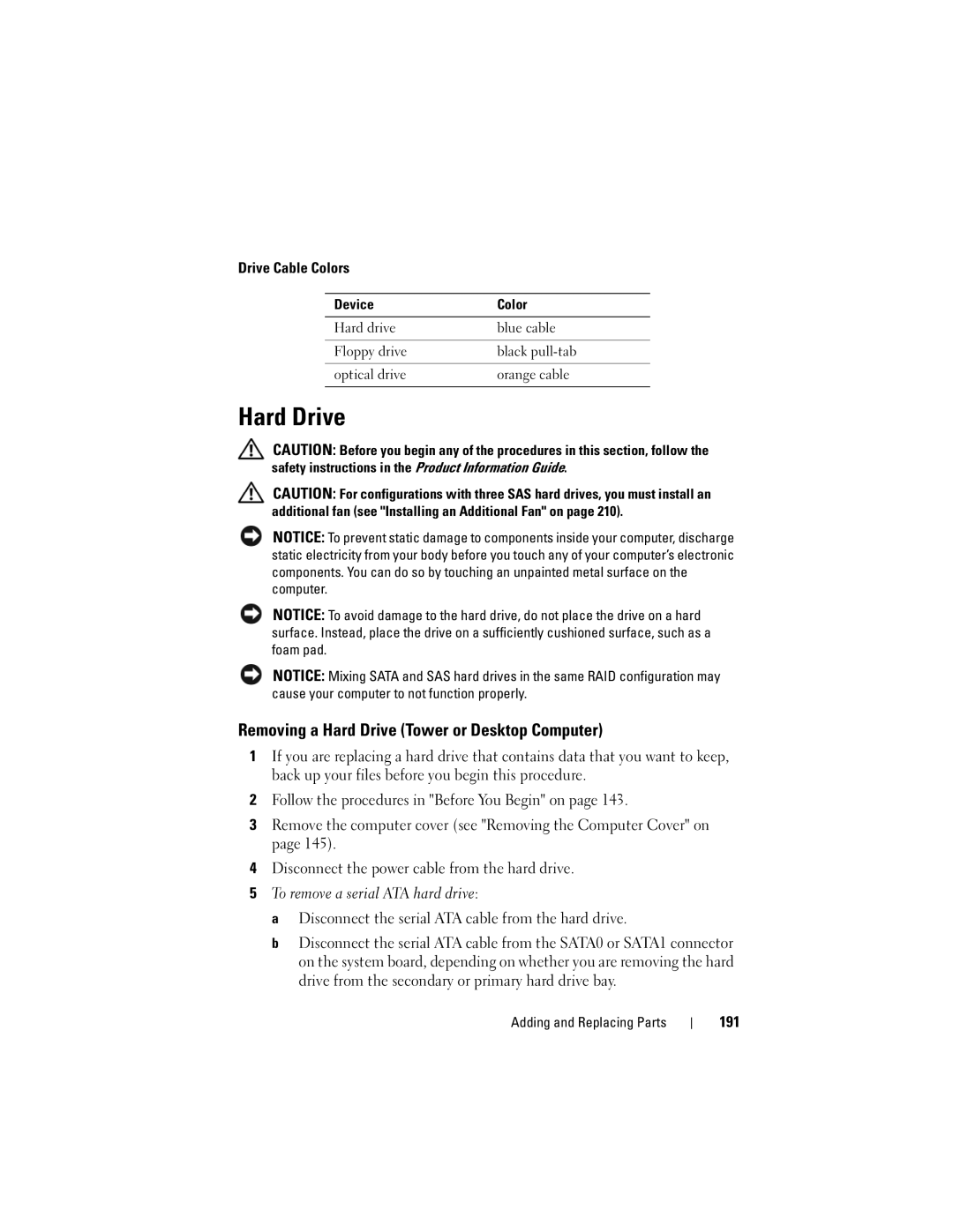 Dell T3400 manual Removing a Hard Drive Tower or Desktop Computer, Drive Cable Colors, 191 
