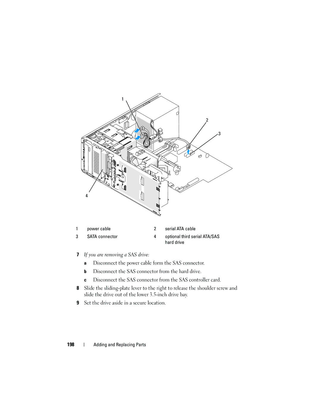 Dell T3400 manual If you are removing a SAS drive, Power cable Serial ATA cable Sata connector 