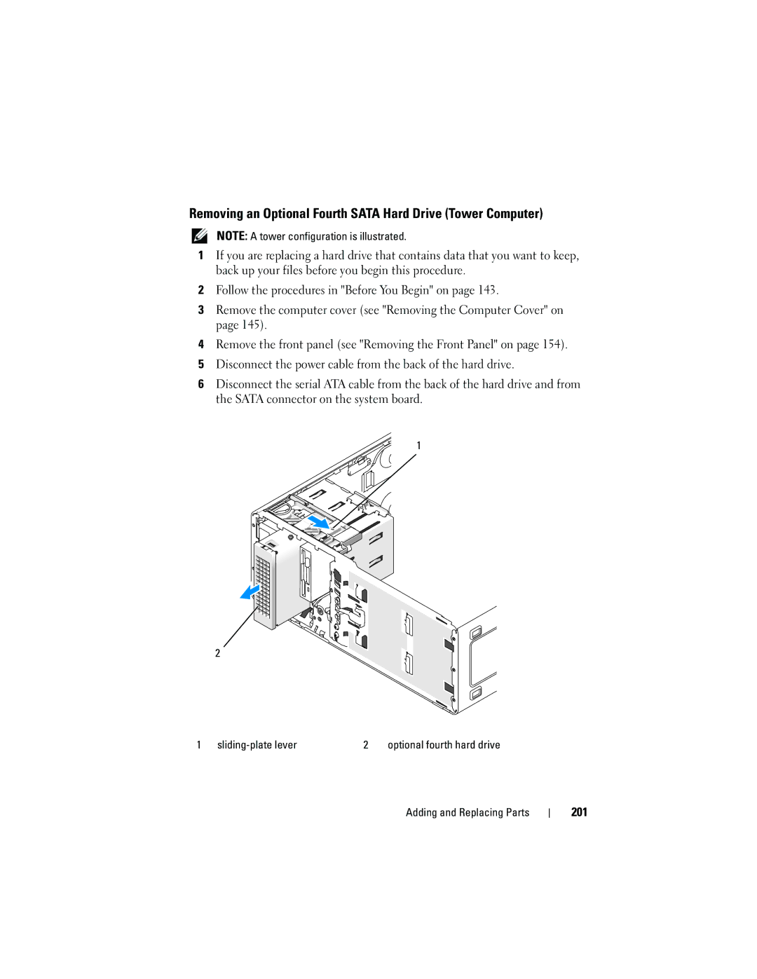 Dell T3400 manual Removing an Optional Fourth Sata Hard Drive Tower Computer, 201, Sliding-plate lever 