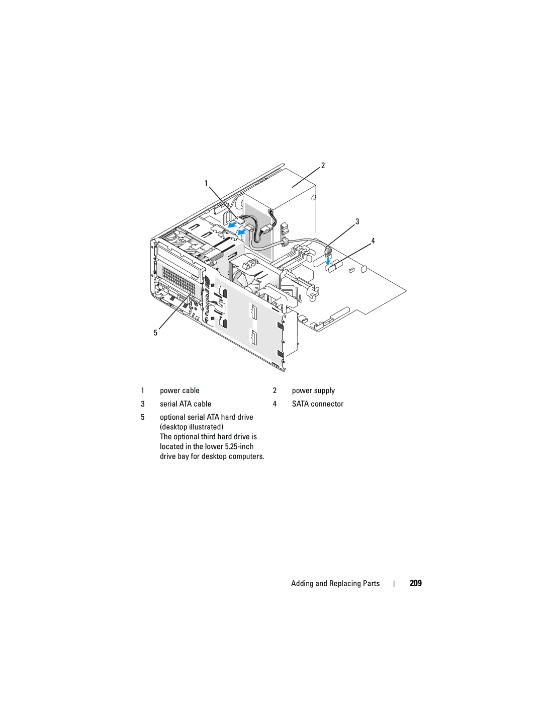 Dell T3400 manual 209, Power cable Power supply Serial ATA cable, Optional serial ATA hard drive desktop illustrated 