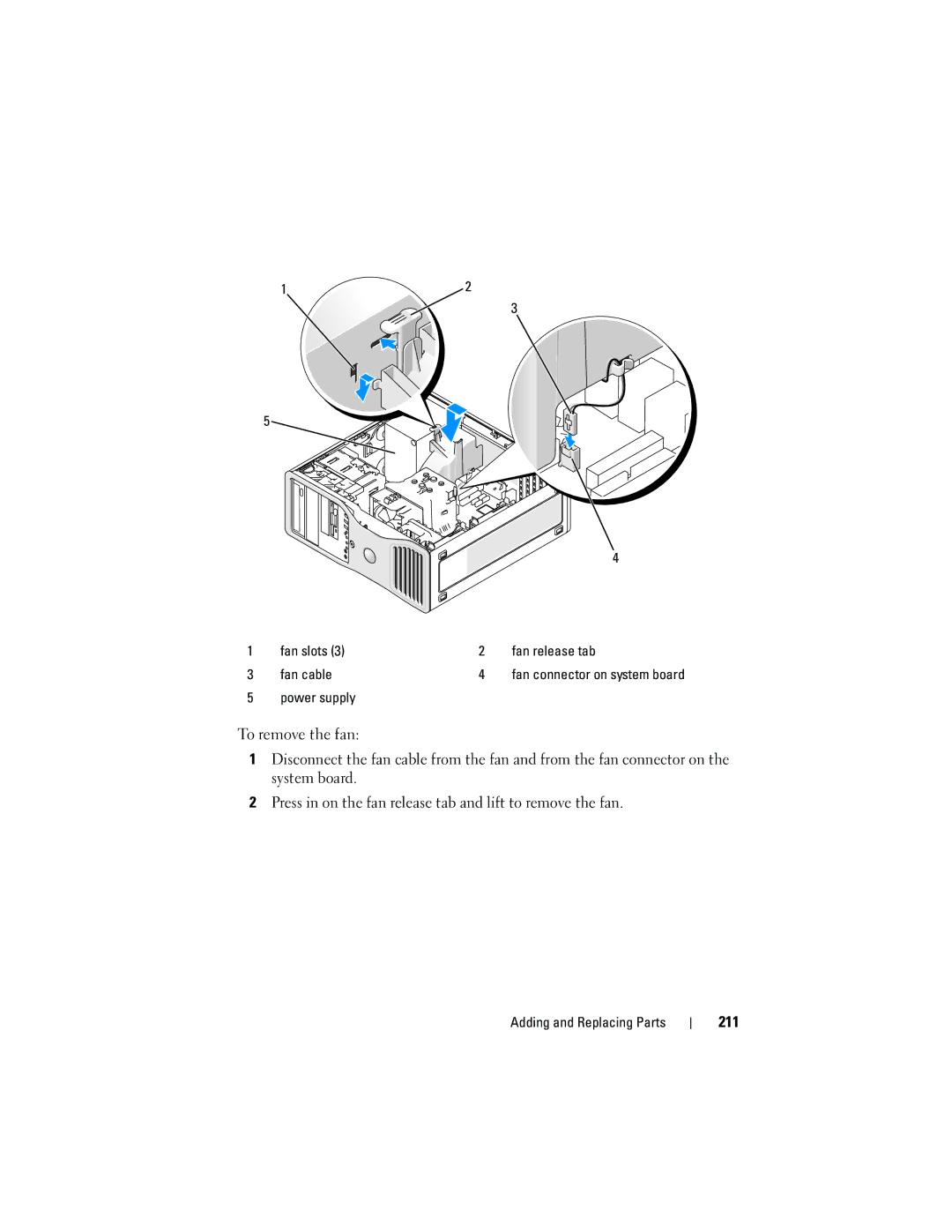 Dell T3400 manual 211, Fan slots Fan release tab Fan cable 