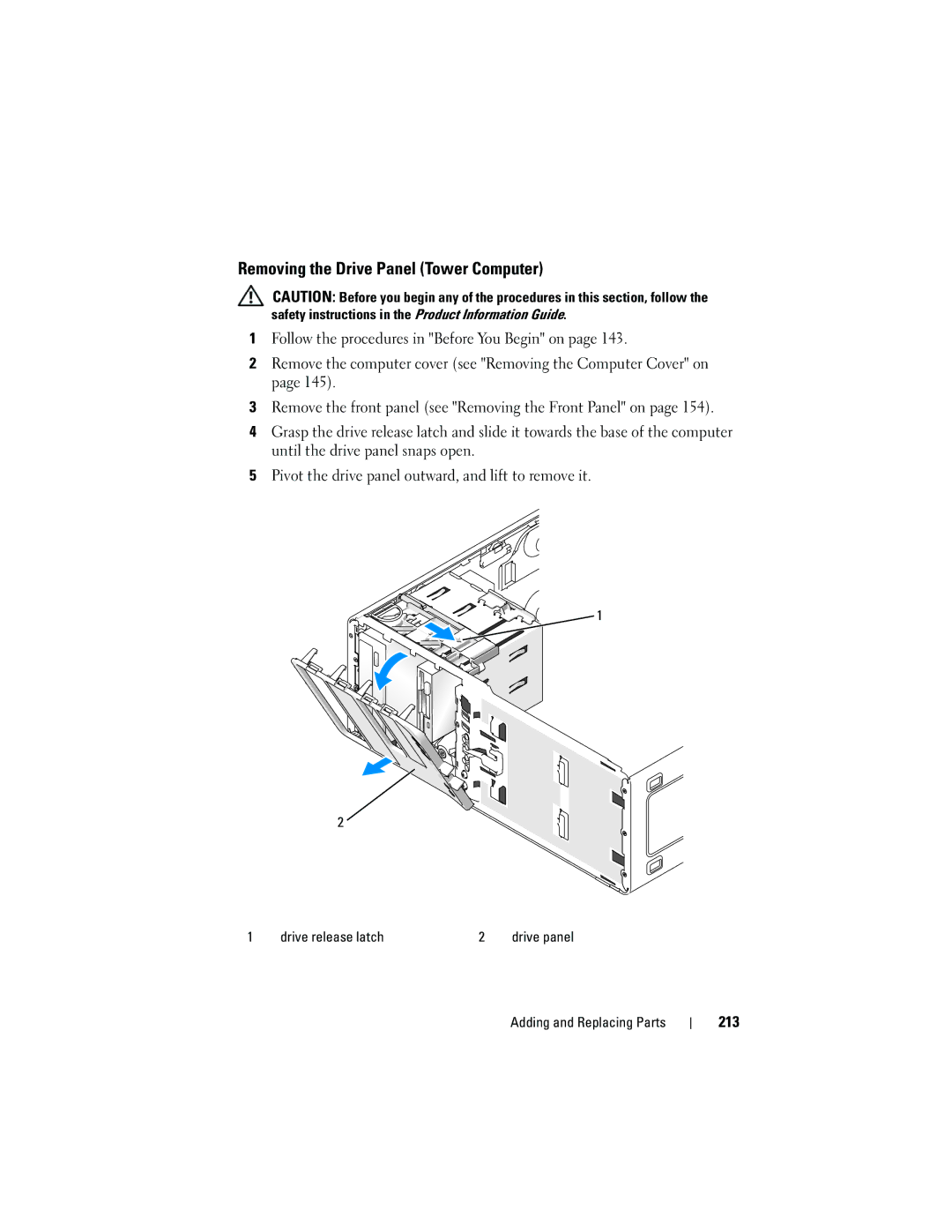 Dell T3400 manual Removing the Drive Panel Tower Computer, 213, Drive release latch 