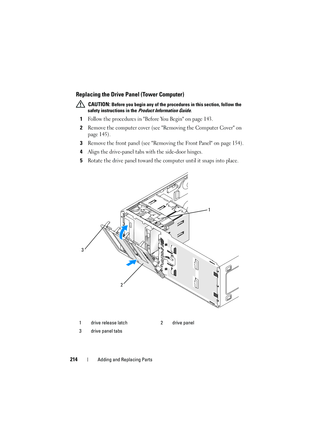 Dell T3400 manual Replacing the Drive Panel Tower Computer, 214, Drive panel tabs 