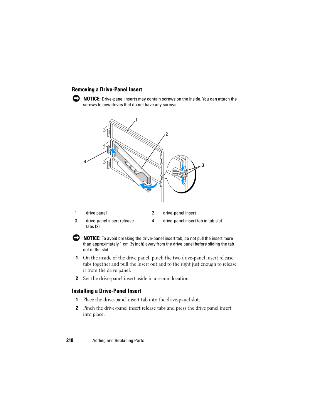 Dell T3400 manual Removing a Drive-Panel Insert, Installing a Drive-Panel Insert, Tabs 