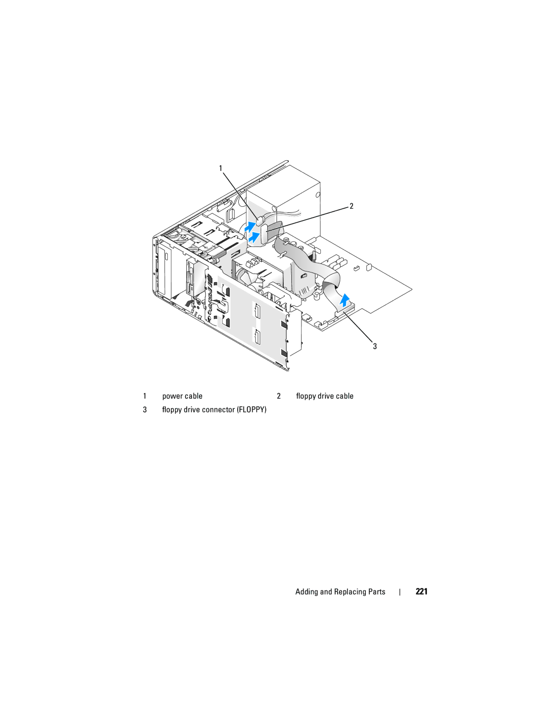 Dell T3400 manual 221, Floppy drive connector Floppy Adding and Replacing Parts 