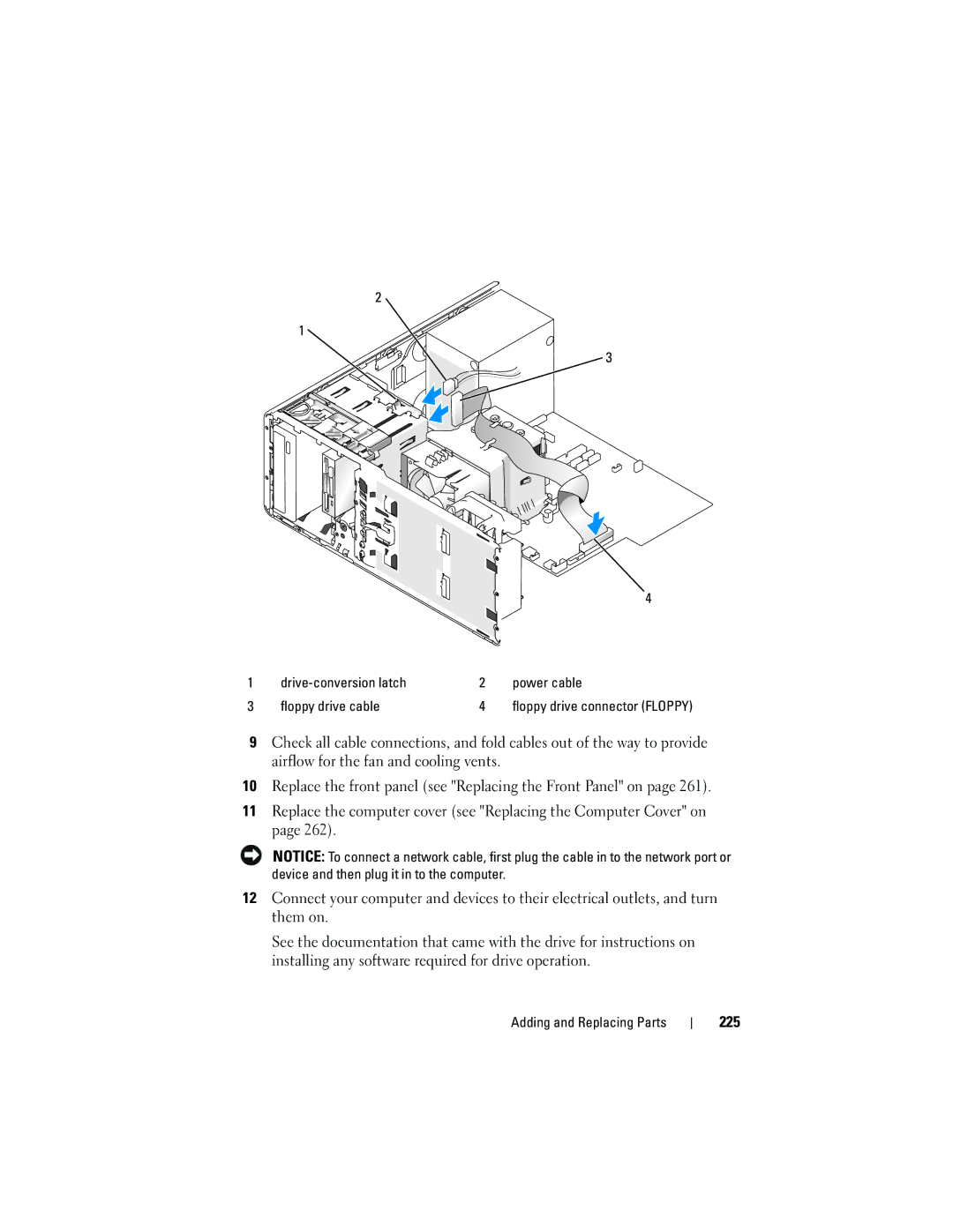 Dell T3400 manual 225, Drive-conversion latch Power cable Floppy drive cable 
