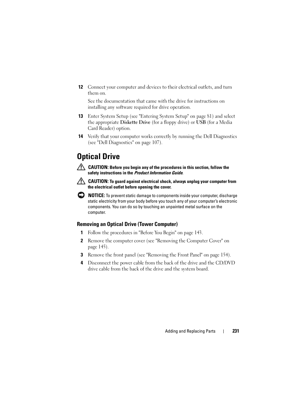 Dell T3400 manual Removing an Optical Drive Tower Computer, 231 