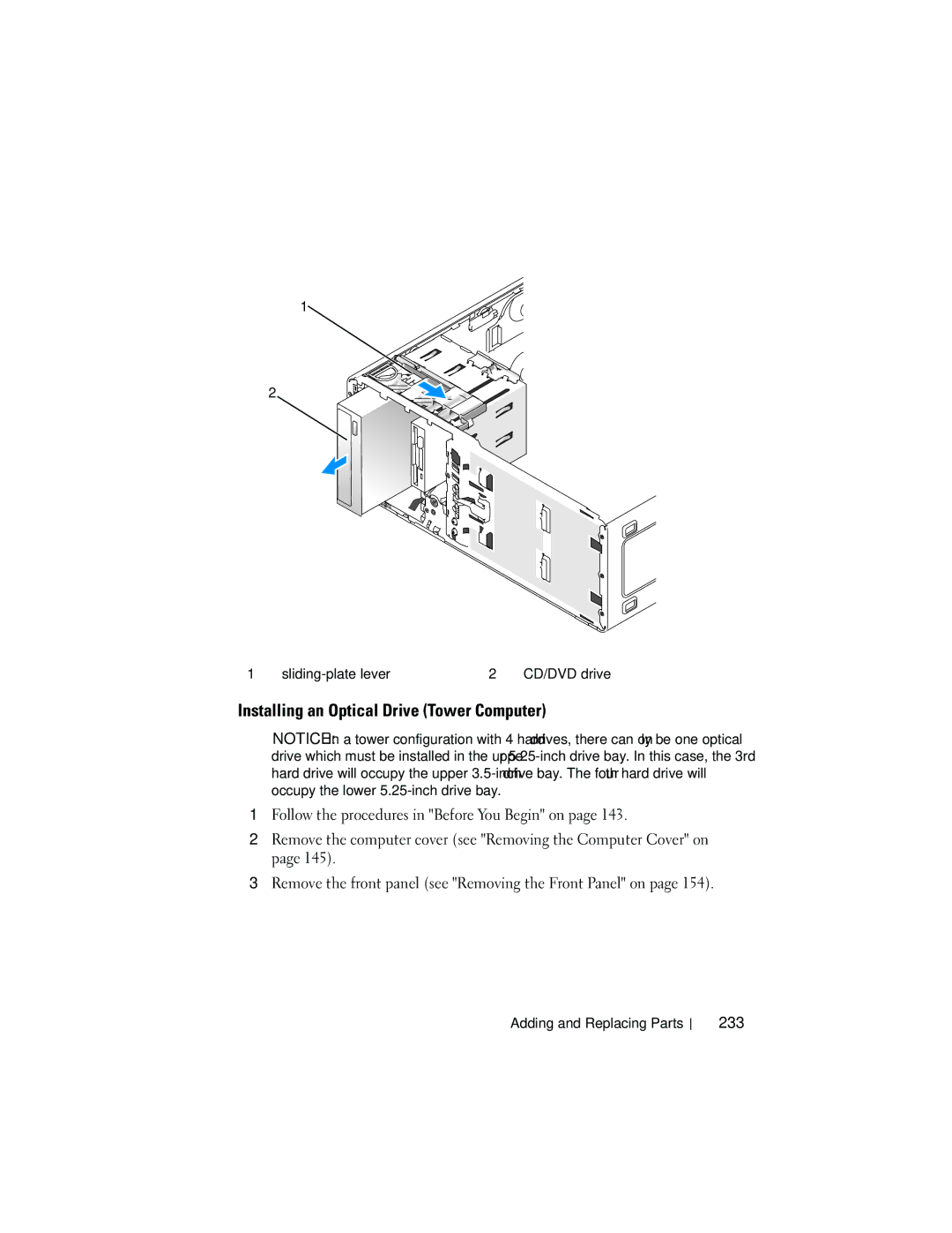 Dell T3400 manual Installing an Optical Drive Tower Computer, 233 