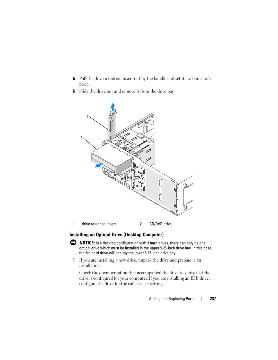 Dell T3400 manual Installing an Optical Drive Desktop Computer, 237 