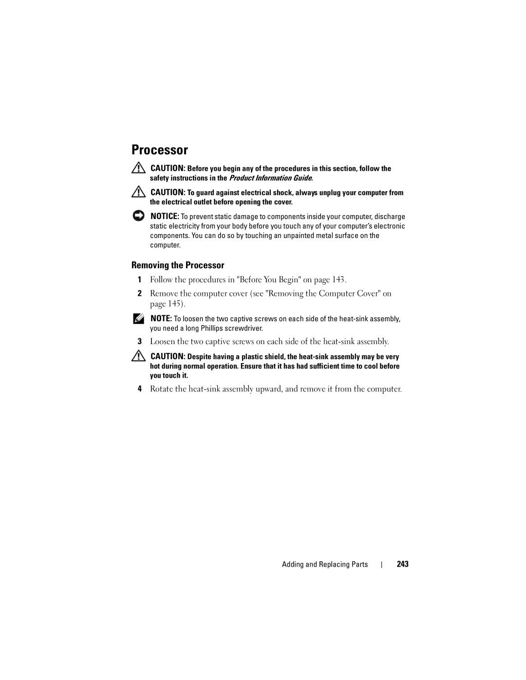 Dell T3400 manual Removing the Processor, 243 