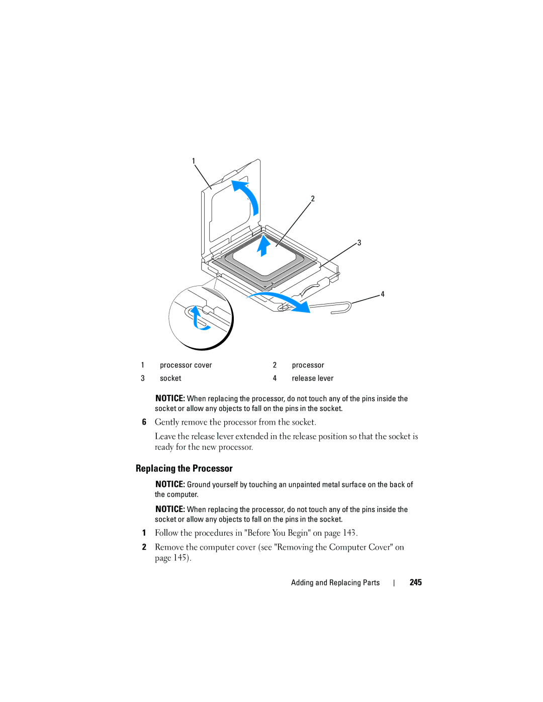 Dell T3400 manual Replacing the Processor, 245, Processor cover Socket 