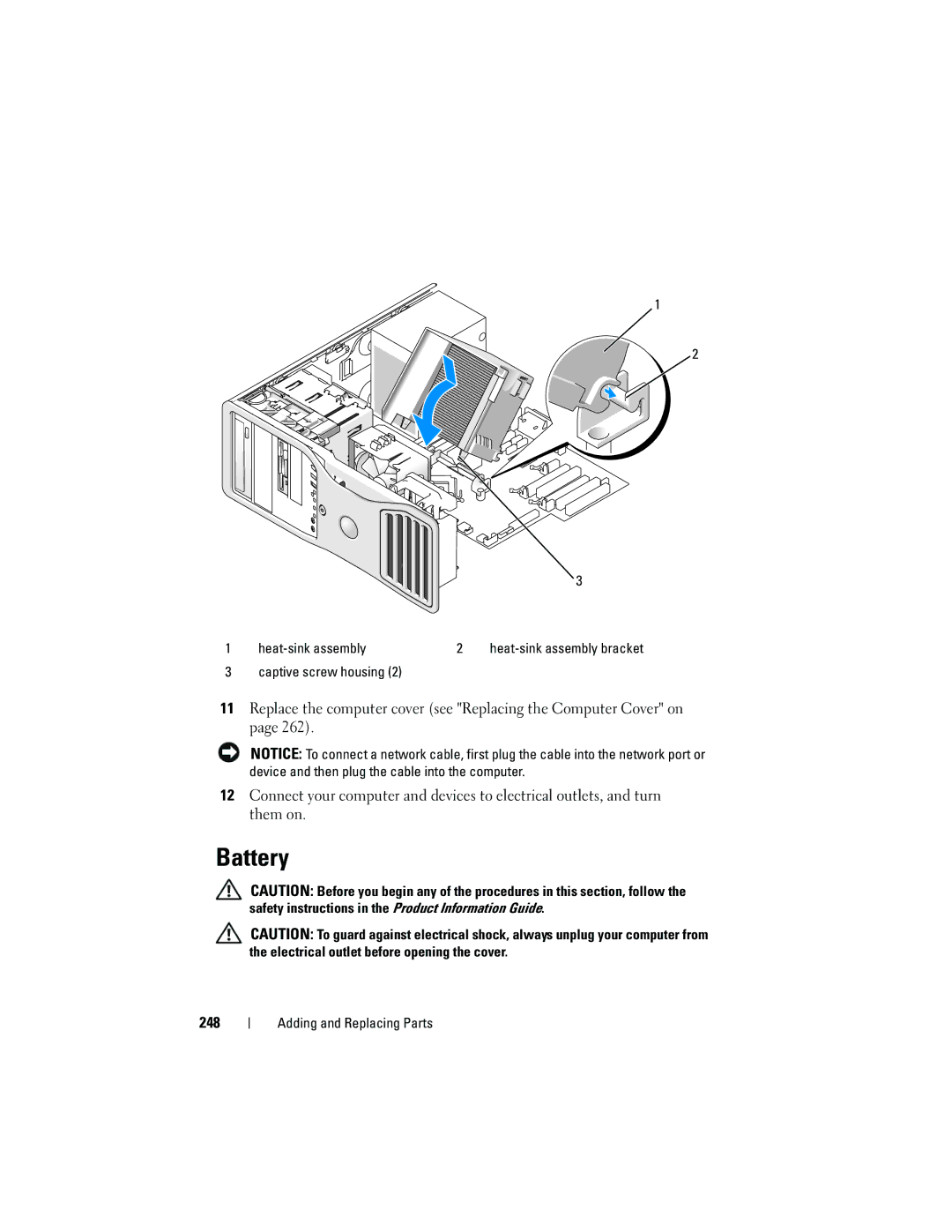 Dell T3400 manual Battery, 248, Captive screw housing 