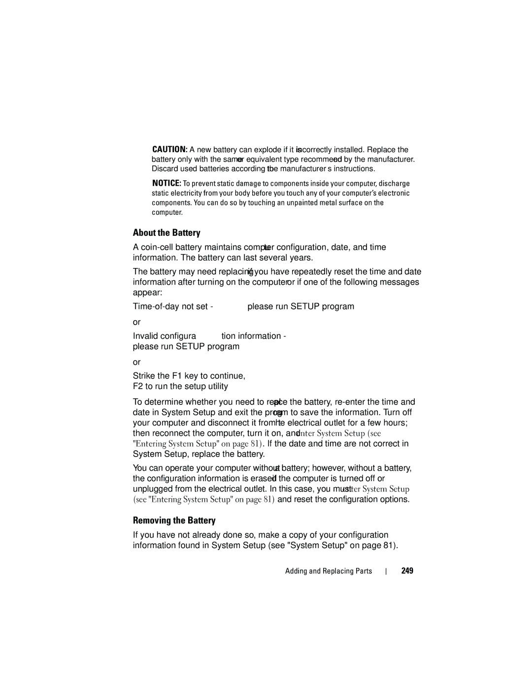 Dell T3400 manual About the Battery, Removing the Battery, 249 