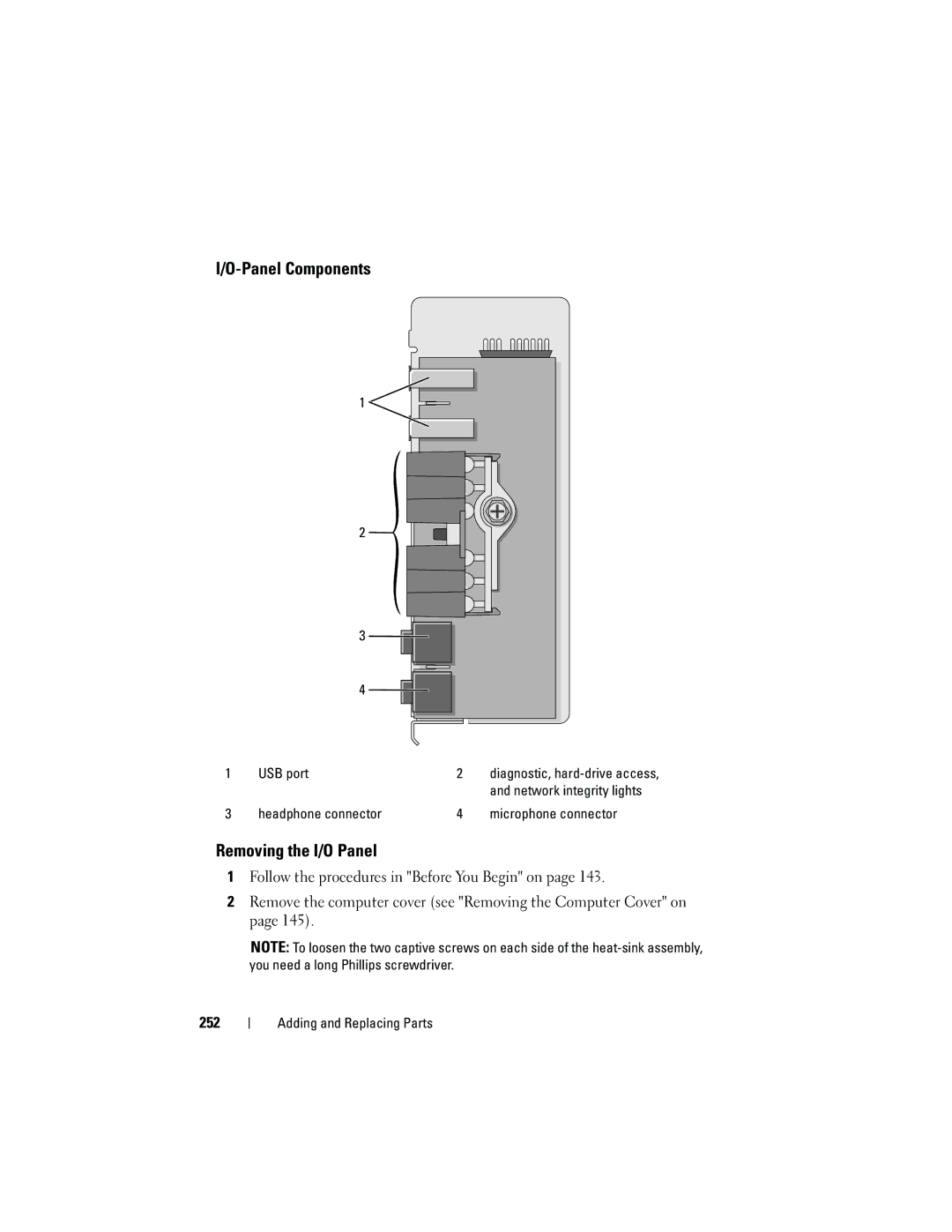 Dell T3400 manual Panel Components, Removing the I/O Panel, USB port, Network integrity lights 