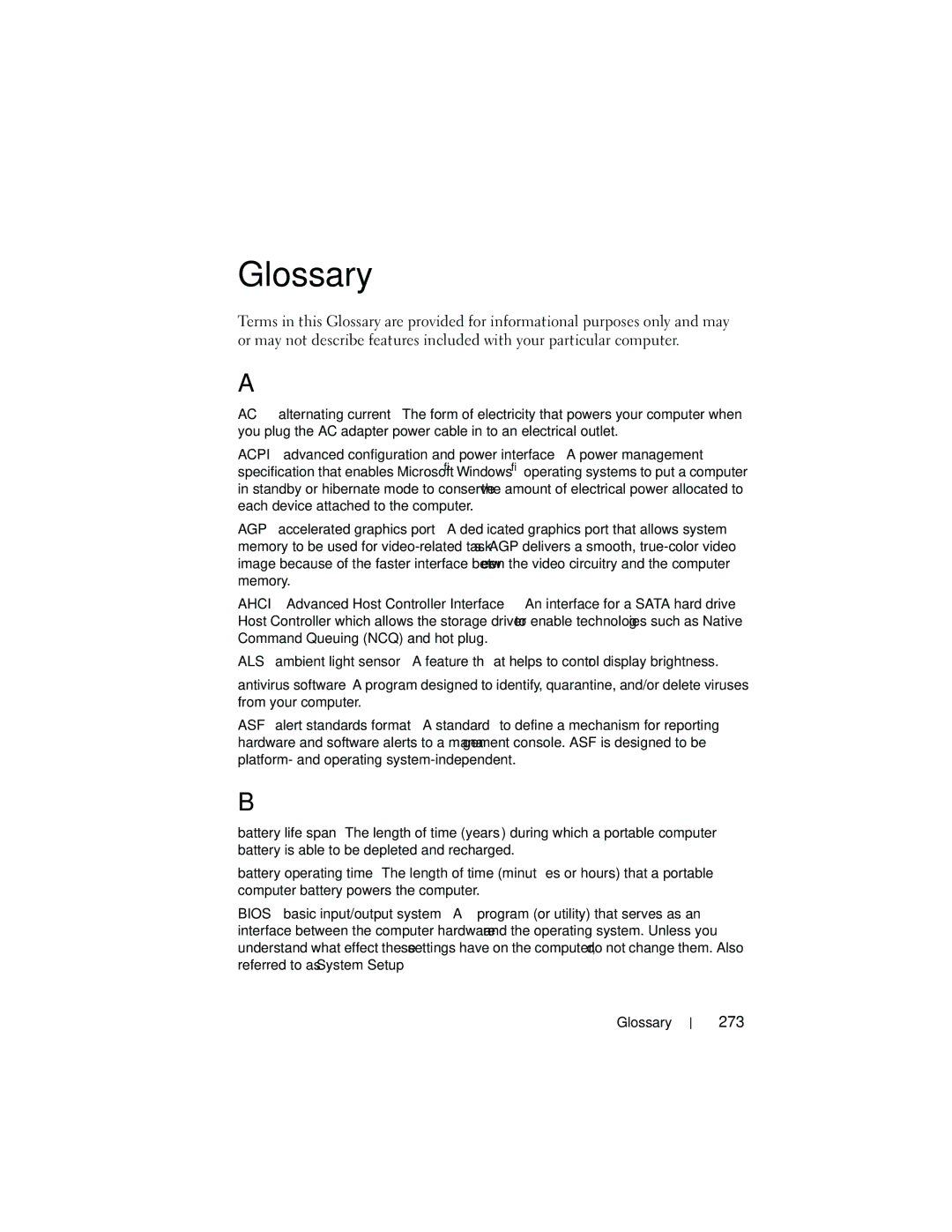 Dell T3400 manual Glossary, 273 