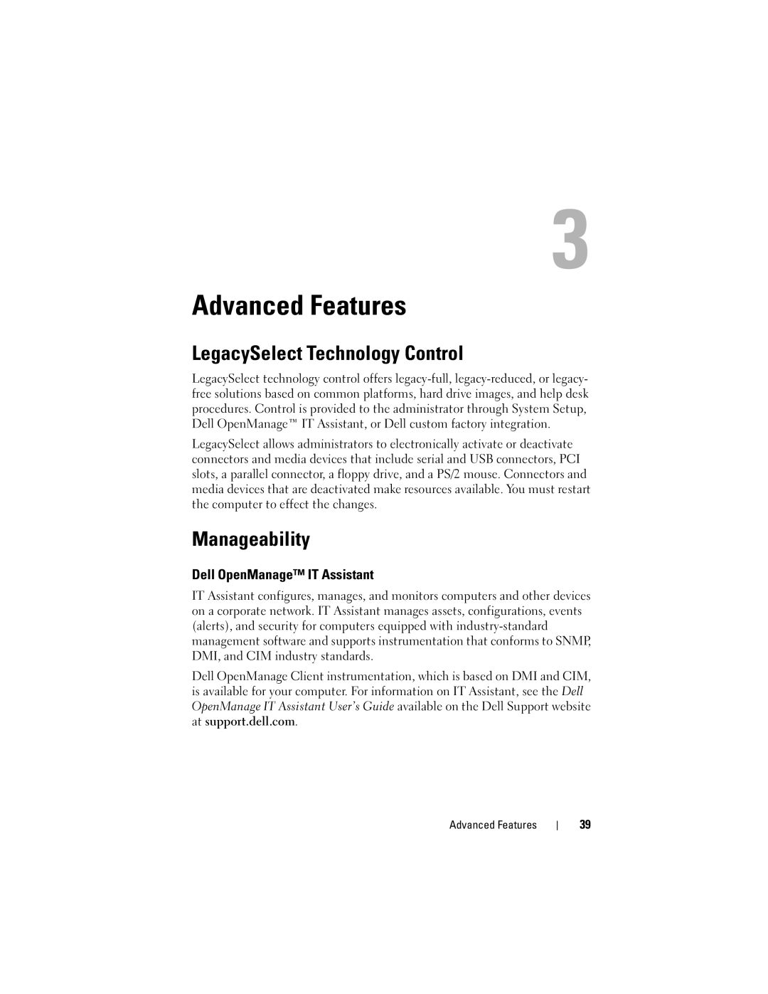 Dell T3400 manual Advanced Features, LegacySelect Technology Control, Manageability, Dell OpenManage IT Assistant 